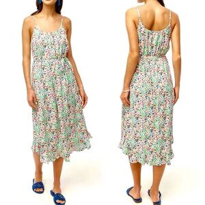 J. CREW Midi Dress Floral Ruffle Curved Hem Tie-Waist Viscose BI399 Size 6